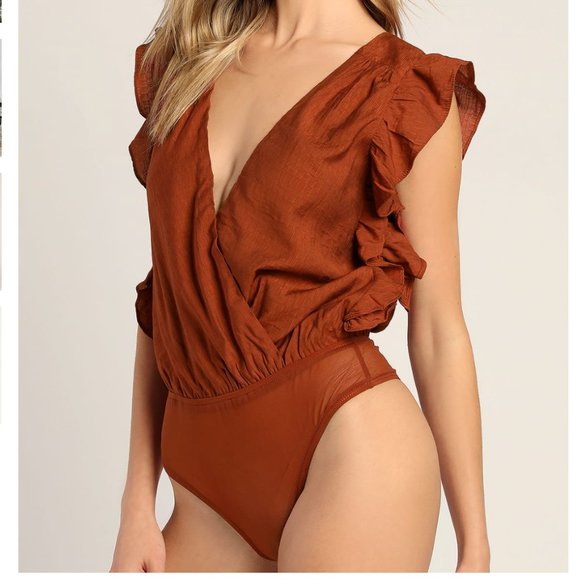 Smile Awhile Rust Red Ruffled Surplice Bodysuit, Size S - Picture 5 of 9